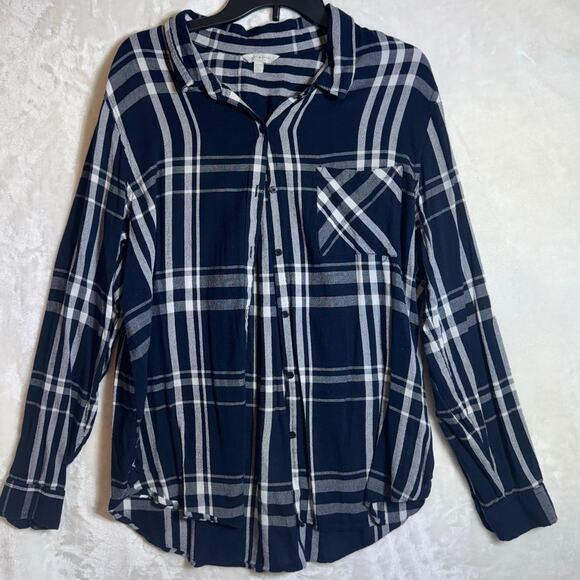 Lucky Brand Tops - Lucky Brand Navy White Plaid Button Shirt XL Casual Fall